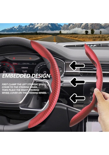 Evrensel Karbon Fiber Araba Direksiyon Simidi Kılıfı Kaymaz Korumalı Bölümlü İç Aksesuarlar Karbon Fiber Kırmızı 2'li Paket