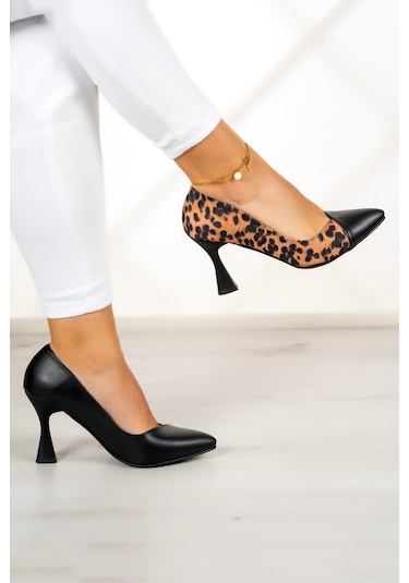 Jatqılı Plus Siyah Leopar Kadeh Topuklu Ayakkabı Leopar - Siyah