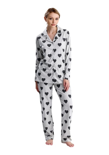 Kalp Desen Pamuk Kadın Pijama Takım Gri