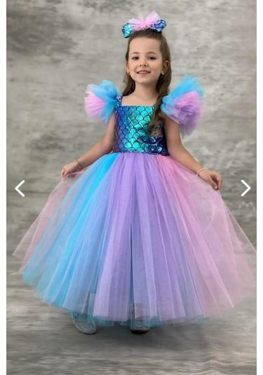 Kız Çocuk Deniz Kızı Abiye Kostüm Uzun Tül Elbise 3705 Mavi