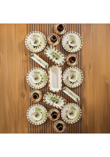 Perotti Olives 37 Parça Kahvaltı Takımı Kahvaltı Seti Çay Seti Beyaz - Yeşil