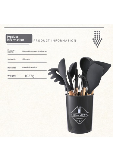 Symbee Ahşap Saplı 11 Parça Silikon Mutfak Gereçleri Seti - Anti Yapışkan, Isı Dayanıklı, Kolay Temizlenir, Gri Renkli Kova İle Tam Zamanlı Pişirme Araçları
