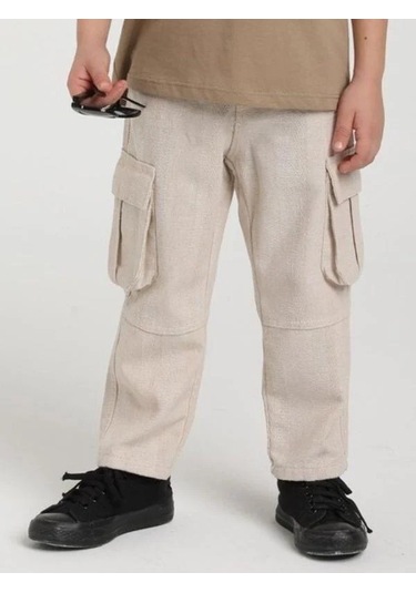 Erkek Çocuk Kargo Cepli Keten Pantolon-15656 Bej