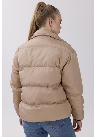 Kadın Dolgulu Puffer Mont - Yüksek Yaka, Suya Dayanıklı Gri