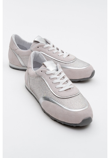 Bonia Beyaz Süet Gümüş Taşlı Hakiki Deri Kadın Spor Ayakkabı Beyaz
