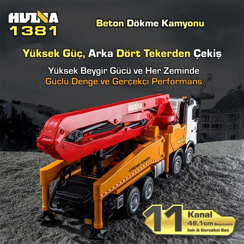 Huına 1381 1/18 11ch Beton Çimento Dökme Kamyonu İş Makinesi İnşaat Uzaktan Kumandalı Rc Model Sarı - 2.4ghz Gerçekçi Similasyon Ses Ve Işık Sistemi