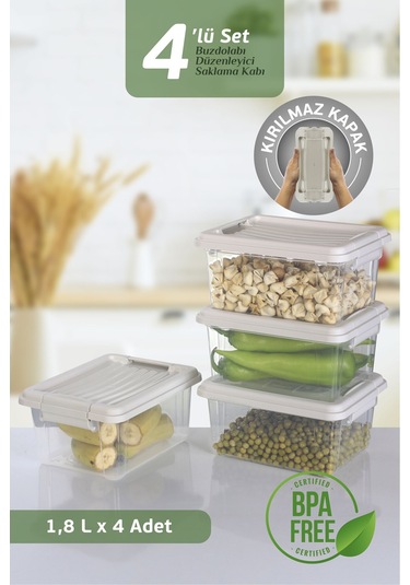 4'lü Set - 1800 Ml Kilit Kapaklı Erzak Saklama Kabı Difriz Buzdolabı Düzenleyici Saklama Kutusu Bej Bej