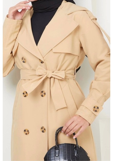 Kruvaze Yaka Bondit Kumaş Trençkot / M0106 - Camel Metalik Camel
