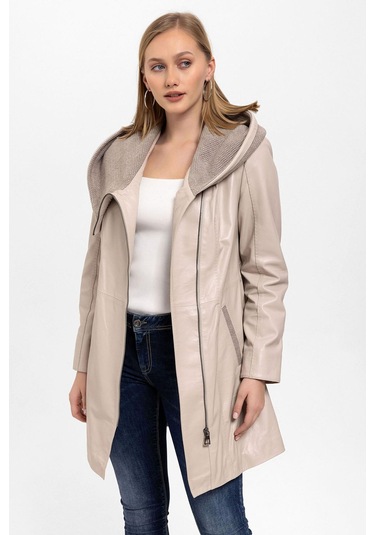 Bej Julia Triko Kapüonlu Kemerli Hakiki Kadın Deri Kaban-bej Bej