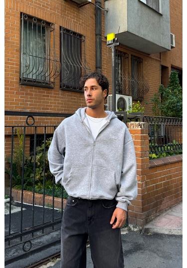 Flaw Nakışlı Zip Hoodie Gri Melanj Gri Melanj
