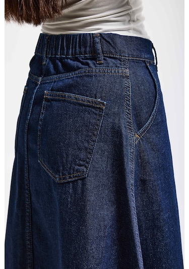 Itsbasic Kadın İndigo Renk 7w5-50 A Tipi Çan Kesim Maxi Boy %100 Koton Denim Etek