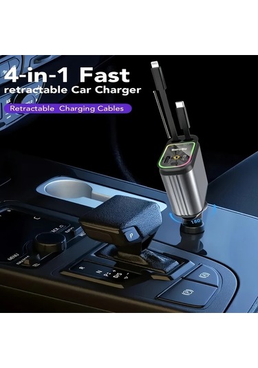 Honeybeeshop Gri 4ü 1 Arada Geri Çekilebilir Araba Telefon Şarjı 66w Hızlı Şarj Led Projektör