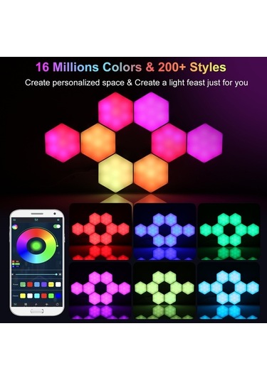 Besthome1 Rgb Renkli 6 Adet Altıgen Duvar Lambası - Müzik Kontrollü, Bluetooth & Uygulama, Usb Beslemeli, Zamanlayıcı Beyaz Işı Beyaz