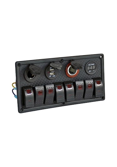 Carub Anahtar Switch Paneli 8 Lı Voltmetre + Usb + Çakmak Kırmızı Işıklı 23,5x12 Cm Br4630155