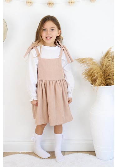 Fitilli Kadife Elbise İkili Takım Bej