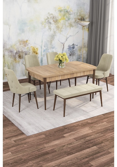 Mona Meşe 80x132 Açılabilir Mdf Masa Yemek Odası Takımı, Mutfak Takımı 4 Sandalye, 1 Bench Meşe Masa - 4+1 Krem - Ceviz Ayak