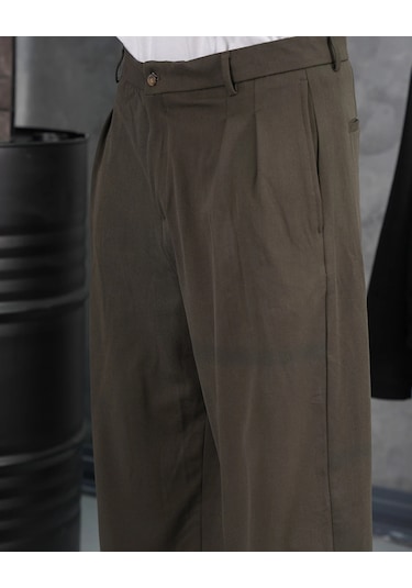 Modefendi Baggy Kalıp Pile Detaylı Kumaş Pantolon Haki