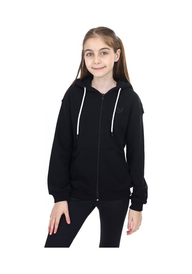 Toontoy Kız Çocuk Kapüşonlu Fermuarlı Cepli Düşük Omuz Nakış Baskılı Örme Hırka - 2 İplik Siyah