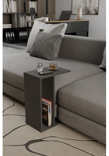 Alpa Ev Mobilya C Tasarım Koltuk Yanı Sehpa, Kitaplıklı Modern Laptop & Kahve Sehpası, Orta Sehpa Antrasit