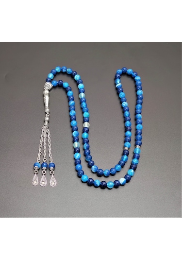 99Lu Namaz Tesbihi - Mavi Akik Doğaltaş Tesbih - 8 MM Küre Kesim