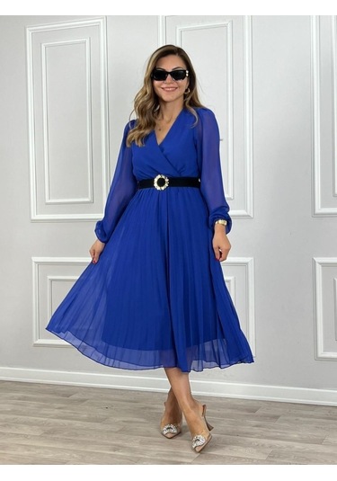 Tua Moda Kadın Şifon Kumaş Astalı Kloş Kesim Kruvaze Yaka Midi Boy Elbise Mavi