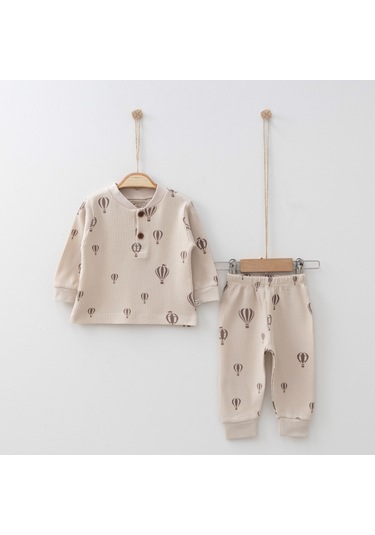 Balon Baskılı 2'li Takım Kahverengi - Krem