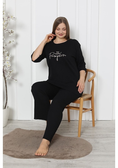 Fames Pijama Fitilli Kaşkorse Pamuklu Ispanyol Paça Yeni Sezon Büyük Beden Ev Giyim Siyah