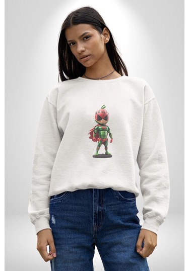 Süper Karpuz Adam Unisex Beyaz Baskılı Sweatshirt Beyaz