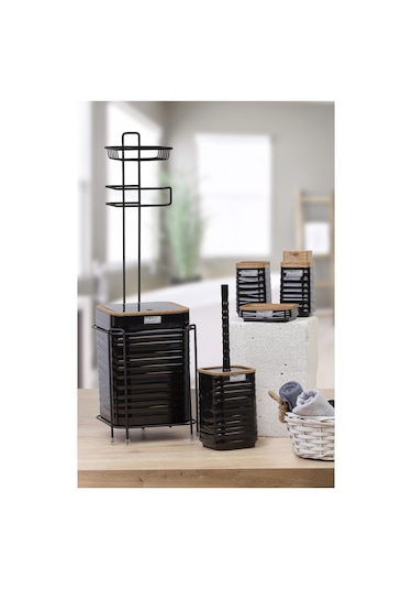 Okyanus Home Siyah Ahşap Desenli Luna Kare Yedekli Wc Kağıtlık Ve 6 Parça Banyo Seti