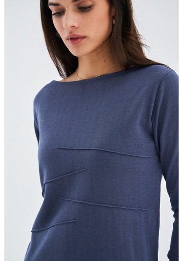 Peraluna Kayık Yaka Sade Yazlık Kadın Triko Elbise Gri- Mavi