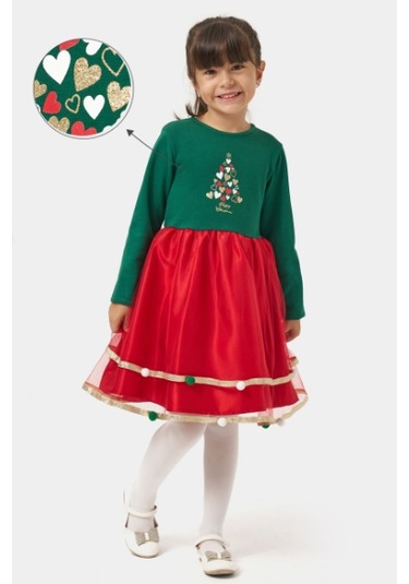 Kız Çocuk Eteği Saten Detaylı Ponponlu Yılbaşı Elbisesi Nbk-24907 Yeşil