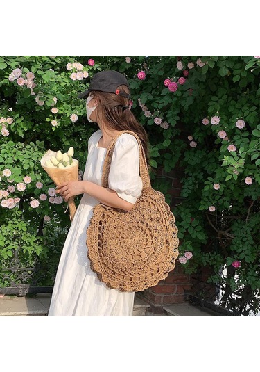 Koyu Kahverengi Kadınlar İçin Hasır Örgü Plaj Çantası El Yapımı Bohem Tarzı Omuz Çantaları Koyu Kahverengi