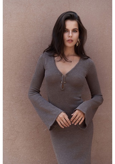 Ortensia Metal Detay Kahve Uzun Triko Elbise Kahve