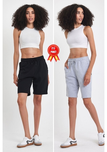 2'li Kadın Rahat Kesim Beli Lastikli Mevsimlik Yumuşak Kumaş Cepli Siyah-gri Uzun Bermuda Şort Siyah - Gri