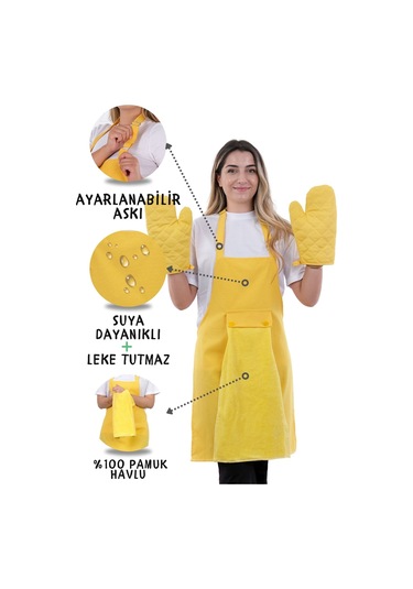 Star Ayar Askılı Havlulu 4lü Mutfak Önlüğü Seti 2 Eldiven Sarı-sarı-sarı