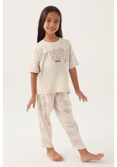 U.s. Polo Assn Lisanslı Floral Pattern Kız Çocuk Pijama Takımı Bej