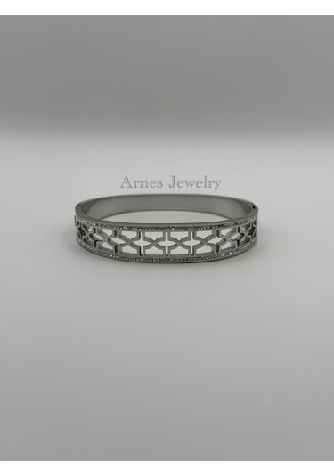 Arnes Jewelry Çelik Silver Zirkon Taşlı Kelepçe Bileklik Ar14 Silver