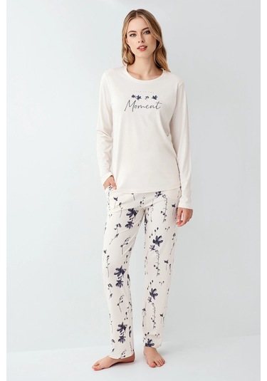 3411-s Kadın Uzun Kol Pijama Takım Krem