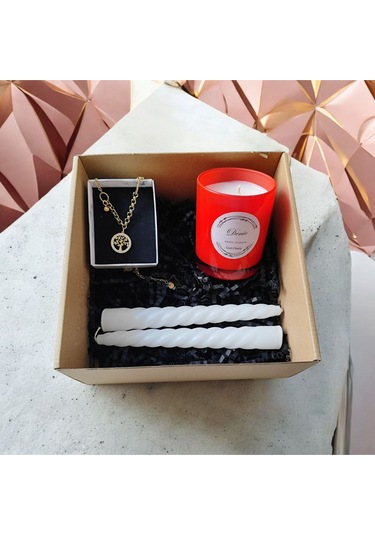 Denic Hediye Seti Kokulu Kırmızı Bardak Mum Yaşam Agacı Kolye Beyaz Burgulu Mum