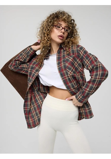 Uzun, Oversize Kareli Gömlek 377355034 Sivri Mor Melanj