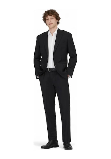 Siyah Desenli Modern Fit Yün Karışımlı Takım Elbise Siyah