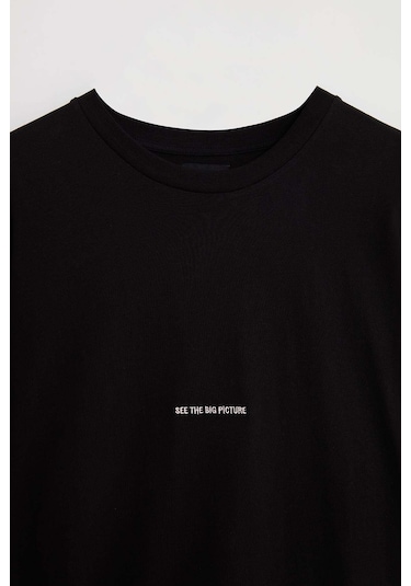 Rıver Erkek Nakış Işlemeli Oversize %100 Organik Pamuk Örme Siyah T-shirt