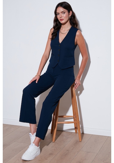 Lela Streç Fitted Fit V Yaka Düğmeli Bayan Yelek 5865971 Lacivert