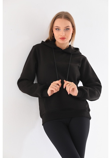 Everest Everst Kapüşonlu 3 İplik Şardonlu Kanguru Cepli Sweatshirt Siyah