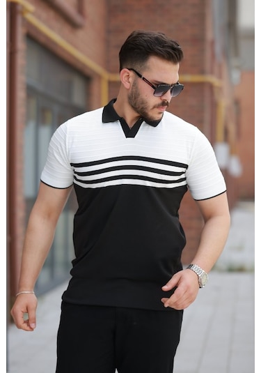 Erkek Çizgi Desenli Yakalı Kısa Kollu T-shirt Siyah