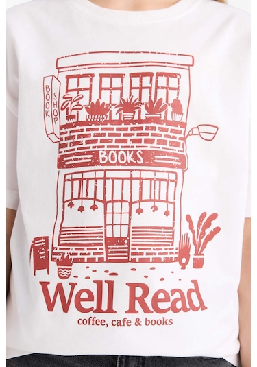 DeFacto Relax Fit Bisiklet Yaka Baskılı Kısa Kollu Kız Çocuk Tişört E0355A825SMWT34 - Beyaz