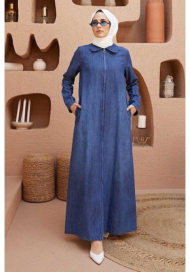 Neways 6568-denim Fermuarlı Ferace Koyu Mavi Koyu Mavi
