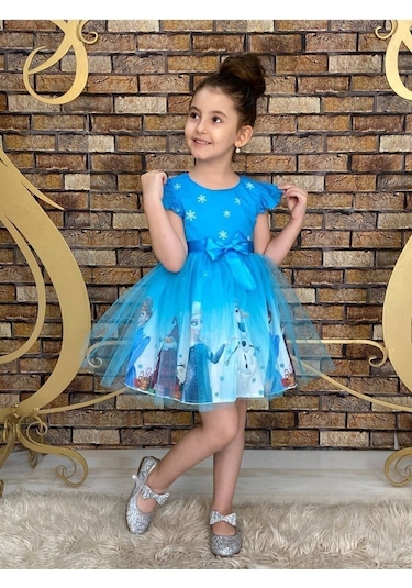 Neşeli Bebe Frozen Elsa Temalı Yazlık Kız Çocuk Elbise 4-7 Yaş Hafif Kumaş Günlük Kullanıma Uygun Mavi