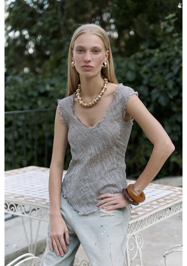 Mai Collection Mai Studios Co. Veilinas Asimetrik Kahve Keten Crop Kahve