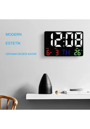 Alfalink Dijital Duvar Saati Renkli Uzaktan Kumandalı Hd Led Ekran Tarih Gün Sıcaklık Alarm Usb Dekoratif Siyah